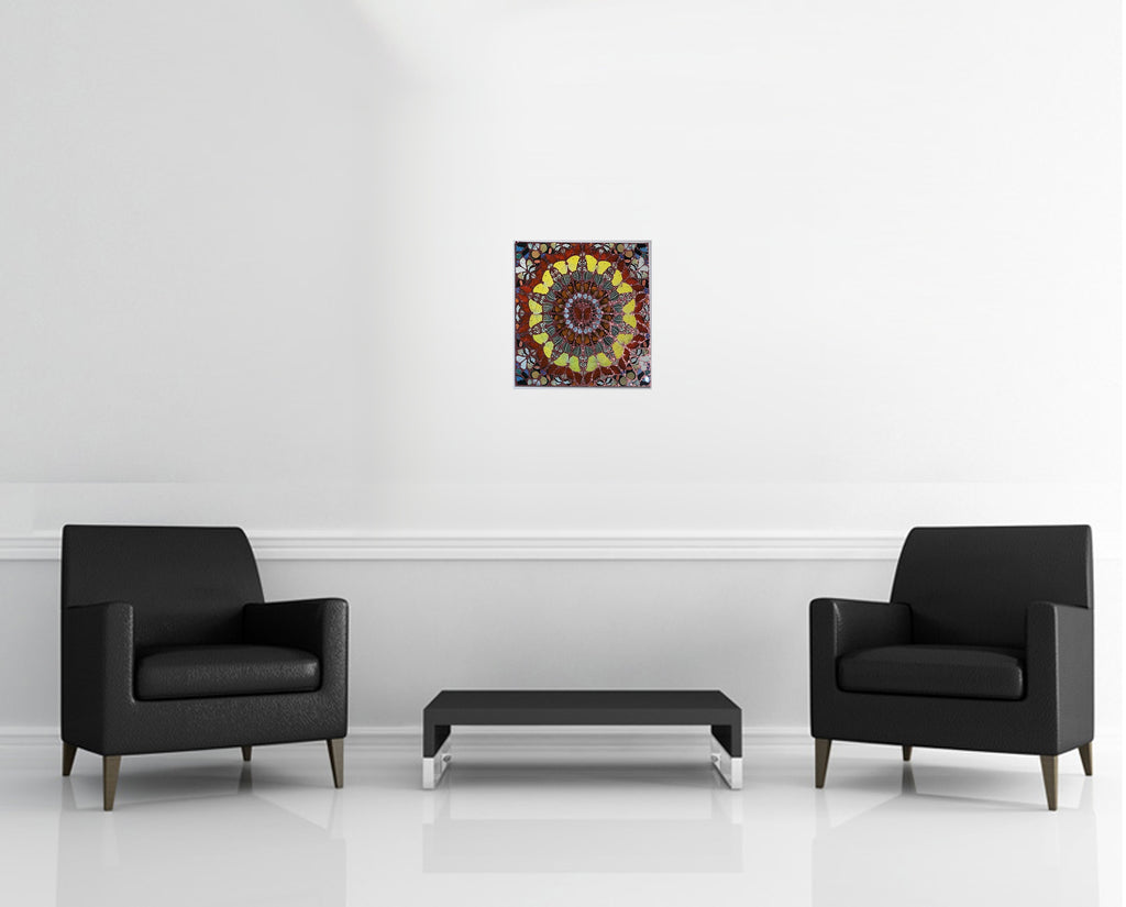 Room view — Psalm: Judica Domine, 2015 by Damien Hirst shown to scale on a gallery wall at 18 x 18 in. Not a reproduction of the work.
