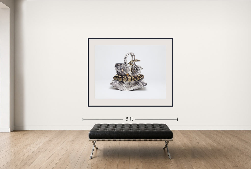 Room view — Python Birkin II, 2016 by Tyler Shields shown to scale on a gallery wall at 54 x 72 in. Not a reproduction of the work.