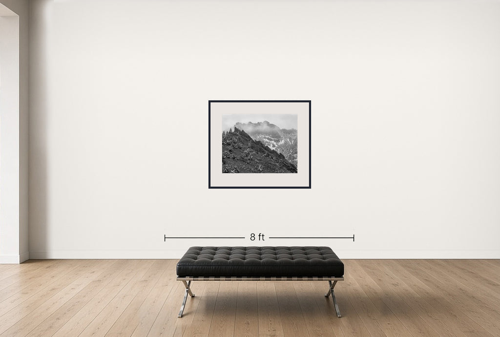 Room view — Ralston Buttes Study #3 by Allen Birnbach shown to scale on a gallery wall at 30 x 40 in. Not a reproduction of the work.