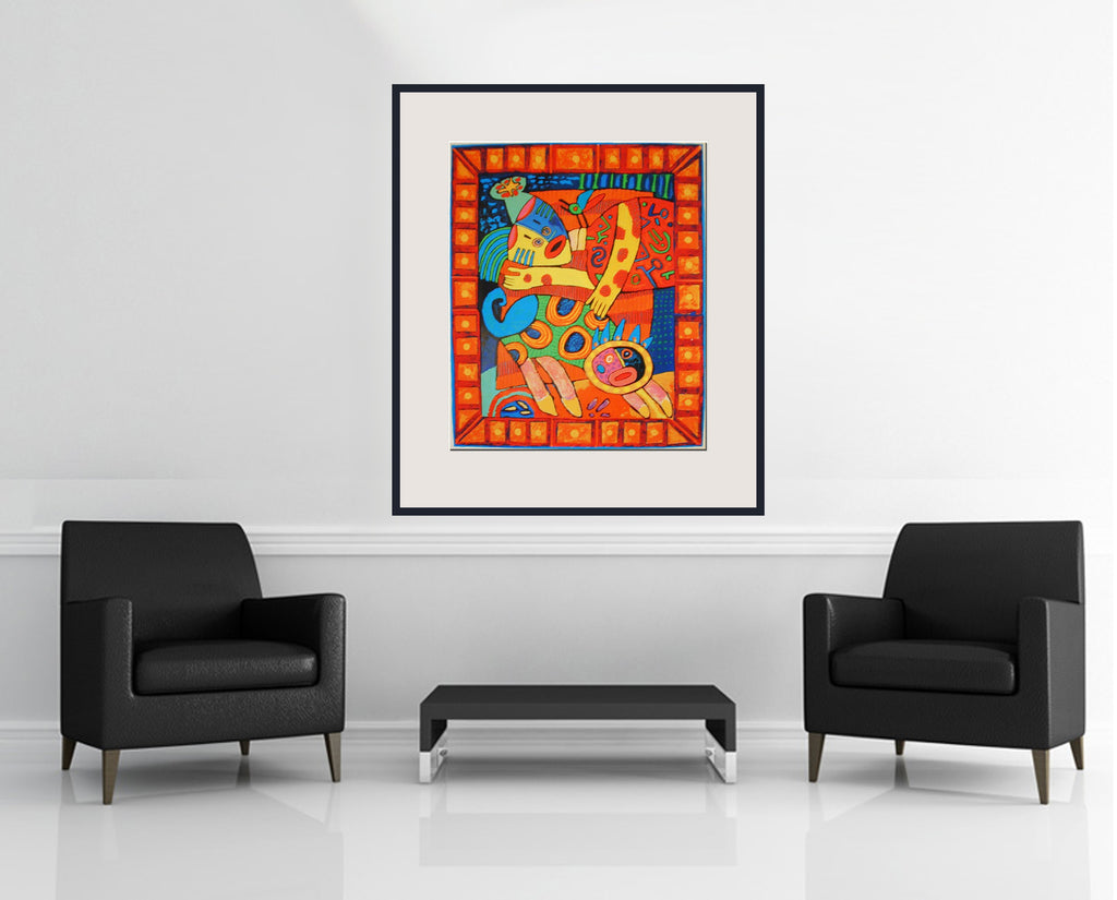 Room view — Ramona Visiting Her Fantasy Island by Clemens Briels shown to scale on a gallery wall at 39.25 x 31.5 in. Not a reproduction of the work.