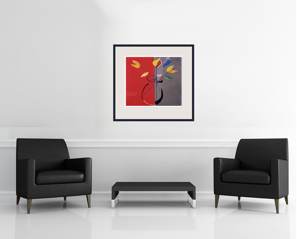 Room view — Red and Grey by Regina Saura shown to scale on a gallery wall at 24 x 27 in. Not a reproduction of the work.