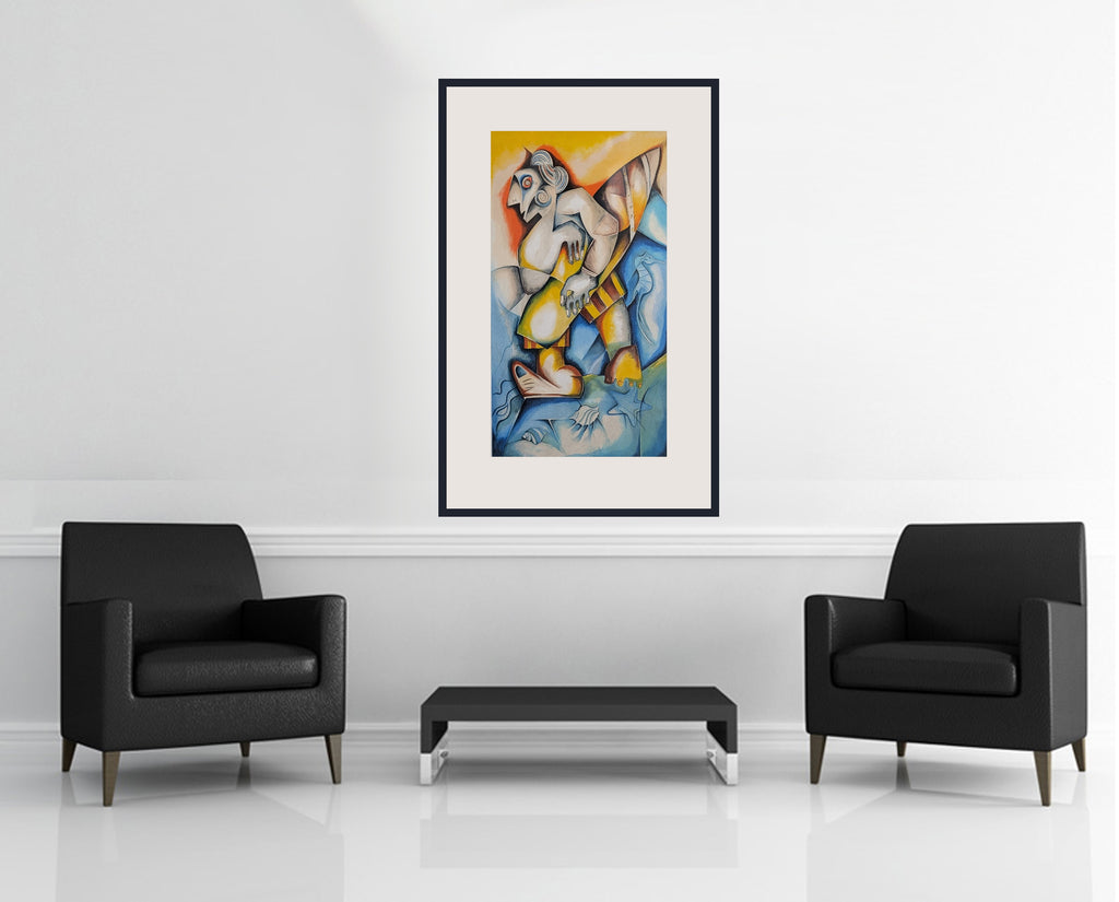 Room view — Riding the Waves by Alexandra Nechita shown to scale on a gallery wall at 39.5 x 25.25 in. Not a reproduction of the work.