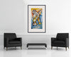Room view — Riding the Waves by Alexandra Nechita shown to scale on a gallery wall at 39.5 x 25.25 in. Not a reproduction of the work.