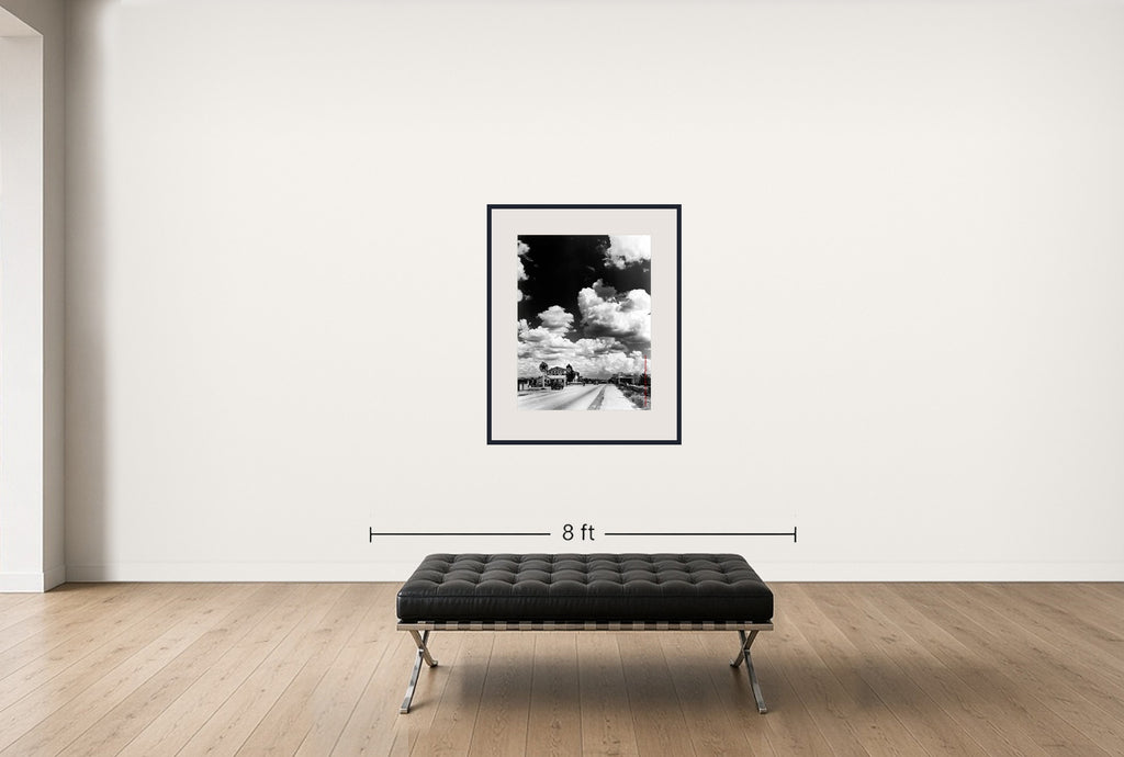 Room view — Route 66 - Grande by Andreas Feininger shown to scale on a gallery wall at 40 x 30 in. Not a reproduction of the work.