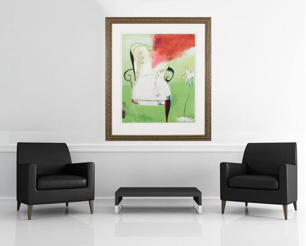 Room view — Silla Blanca by Regina Saura shown to scale on a gallery wall at 56 x 47 in. Not a reproduction of the work.