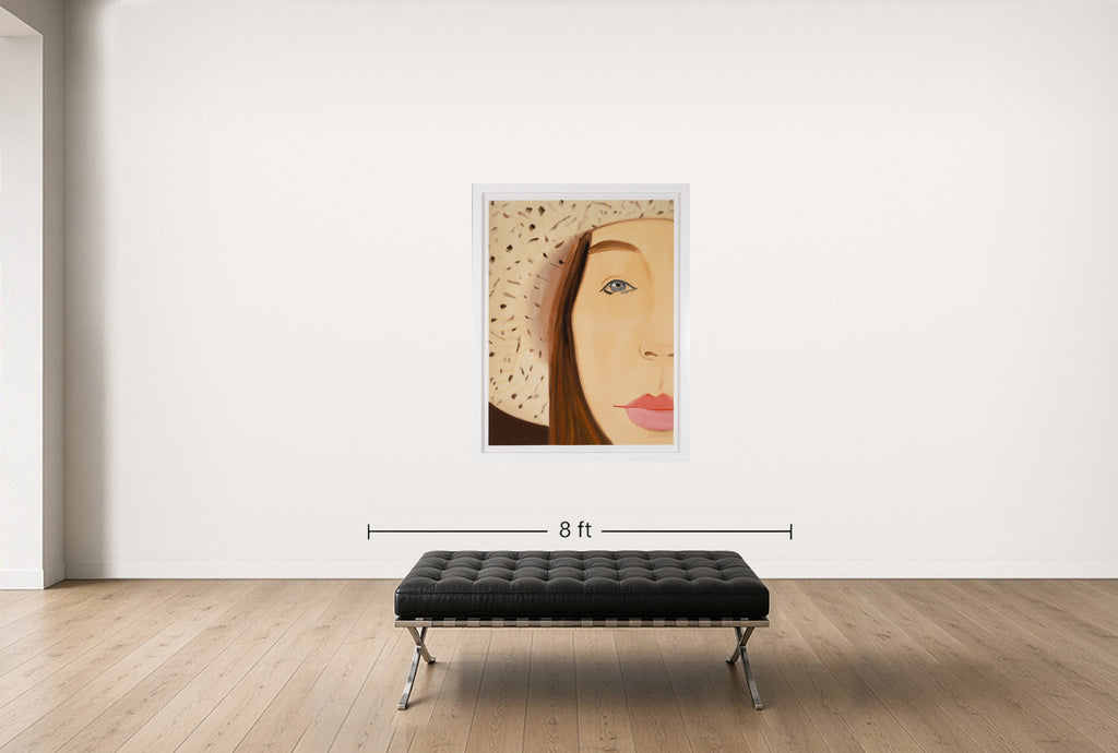 Room view — Straw Hat 2, 2022 by Alex Katz shown to scale on a gallery wall at 63 x 50 in. Not a reproduction of the work.