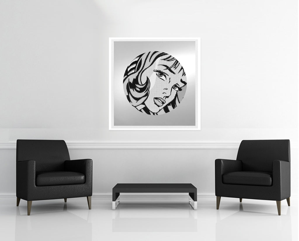 Room view — Stuck On You (Lichtenstein vs Warhol) 2020 by Alex G Cao shown to scale on a gallery wall at 42 x 42 in. Not a reproduction of the work.