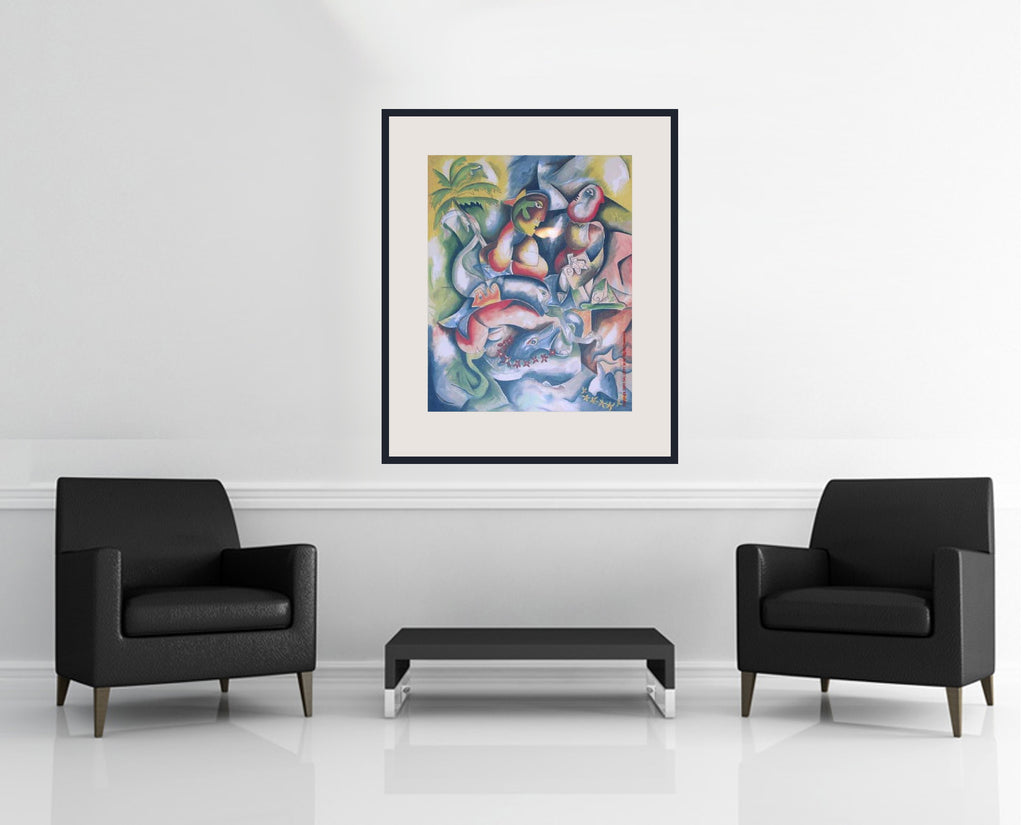 Room view — Swimming with Dolphins by Alexandra Nechita shown to scale on a gallery wall at 34 x 27.5 in. Not a reproduction of the work.