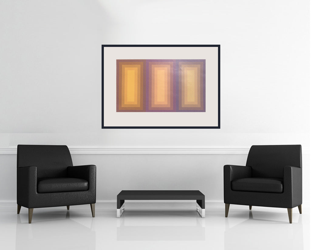 Room view — Tempo of Three, 1981 by Julian Stanczak by Market Two shown to scale on a gallery wall at 26 x 39 in. Not a reproduction of the work.