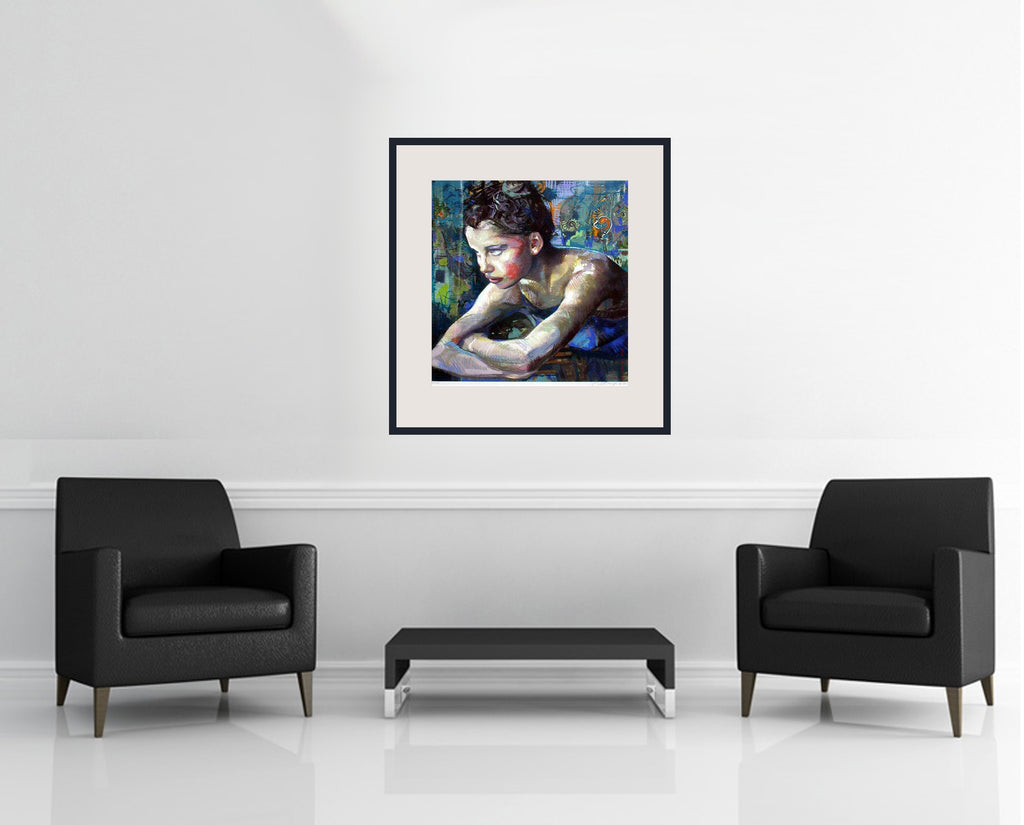 Room view — The Affirmation by Charles Dwyer Jr. shown to scale on a gallery wall at 30 x 26 in. Not a reproduction of the work.