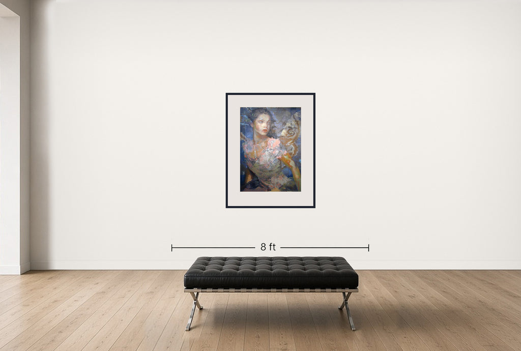 Room view — The Awakening by Charles Dwyer Jr. shown to scale on a gallery wall at 41 x 31 in. Not a reproduction of the work.