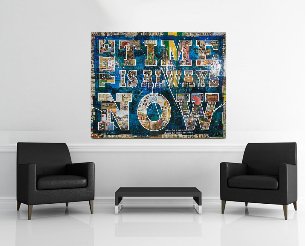 Room view — THE TIME IS ALWAYS NOW by Peter Tunney shown to scale on a gallery wall at 48 x 60 in. Not a reproduction of the work.