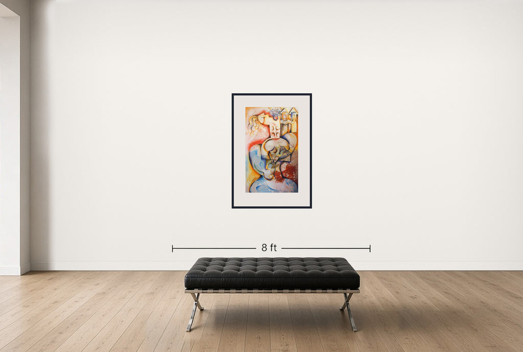 Room view — The Wine Taster by Alexandra Nechita shown to scale on a gallery wall at 41.5 x 27 in. Not a reproduction of the work.