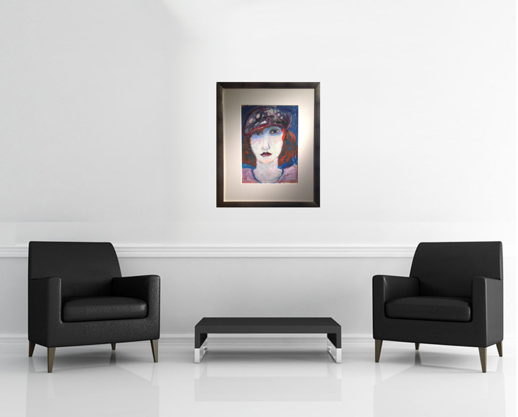 Room view — Theodore au Chapeau III by Judith Bledsoe shown to scale on a gallery wall at 35.9444 x 27.3333 in. Not a reproduction of the work.