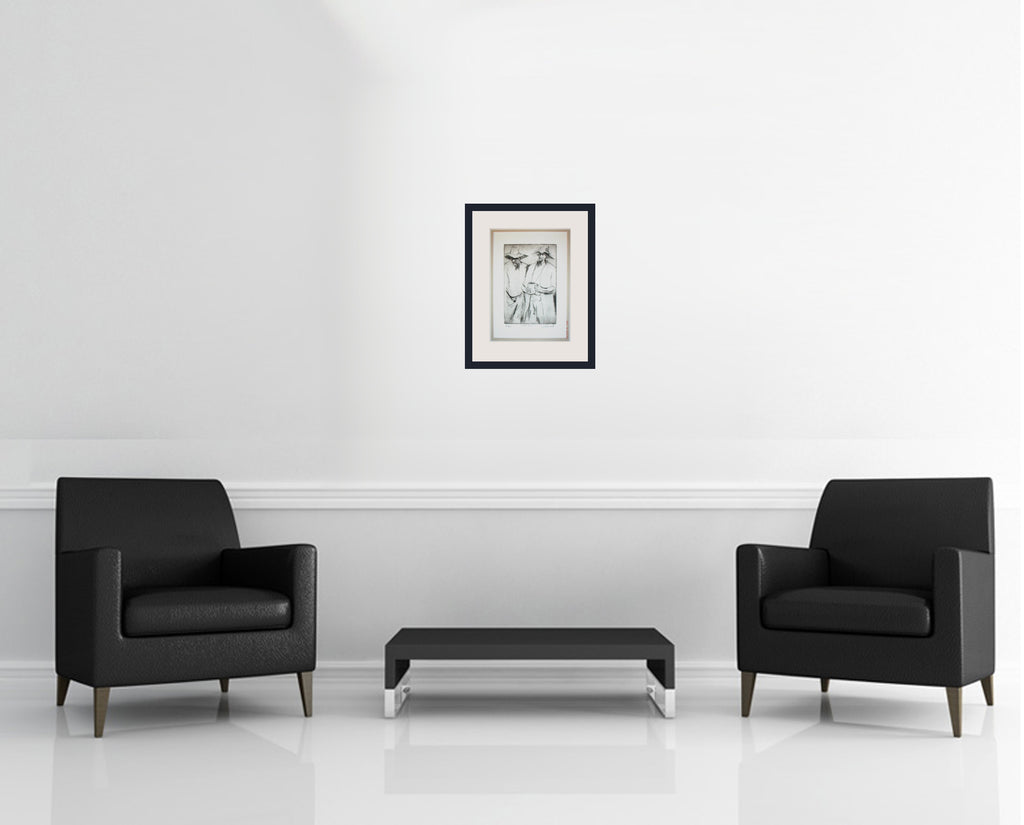 Room view — Two Men by Palla Jeroff shown to scale on a gallery wall at 15 x 12.63 in. Not a reproduction of the work.