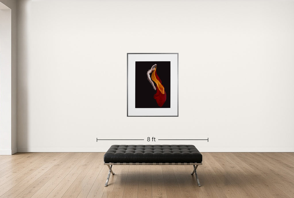 Room view — Underwater Study #1335 by Howard Schatz shown to scale on a gallery wall at 55 x 54 in. Not a reproduction of the work.