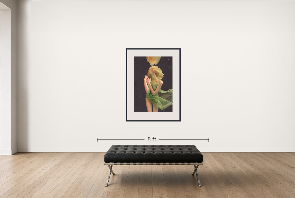 Room view — Underwater Study #1336 by Howard Schatz shown to scale on a gallery wall at 50 x 33 in. Not a reproduction of the work.