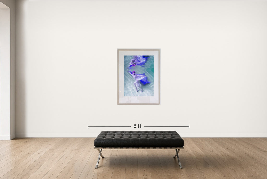 Room view — Underwater Study #1647, Shawnee Free Jones by Howard Schatz shown to scale on a gallery wall at 54.2778 x 41.3333 in. Not a reproduction of the work.