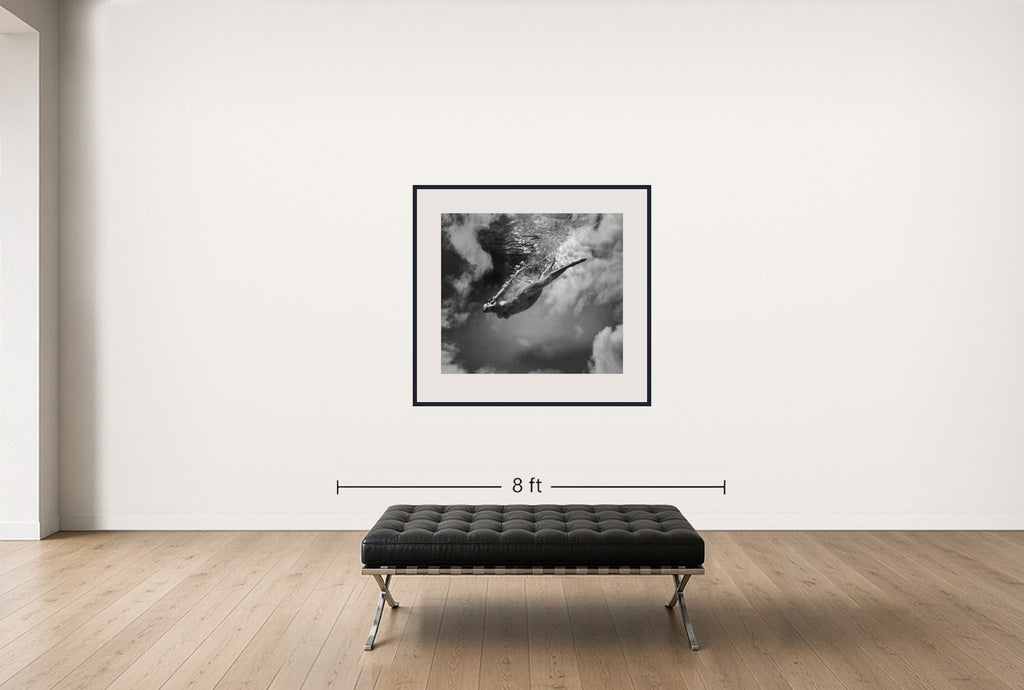 Room view — Underwater Study #2923 by Howard Schatz shown to scale on a gallery wall at 40 x 45 in. Not a reproduction of the work.
