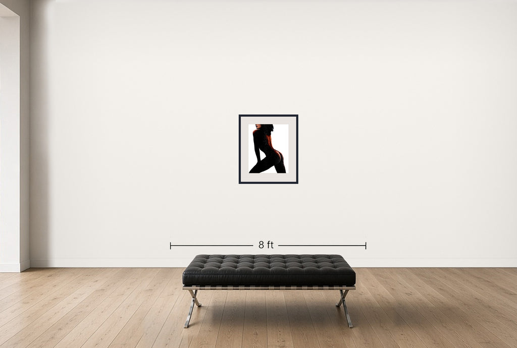 Room view — Underwater Study #3028 by Howard Schatz shown to scale on a gallery wall at 24 x 20 in. Not a reproduction of the work.