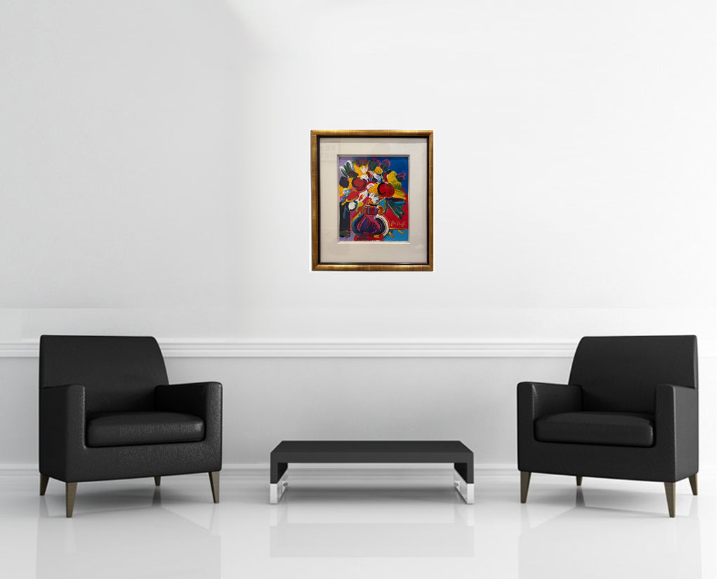 Room view — Vase of Flowers, 1998 by Peter Max shown to scale on a gallery wall at 28.4549 x 23.7083 in. Not a reproduction of the work.