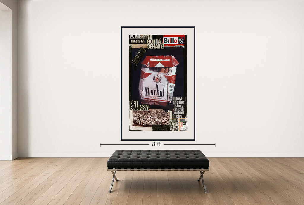 Room view — Warhol Cigarettes (Get Banksy), 2015 by Peter Tunney shown to scale on a gallery wall at 80 x 50 in. Not a reproduction of the work.