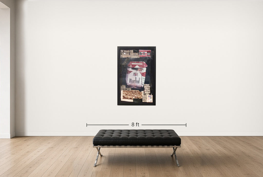 Room view — Warhol Cigarettes - Unique (Get Banksy), 2015 by Peter Tunney shown to scale on a gallery wall at 57.0938 x 40.875 in. Not a reproduction of the work.