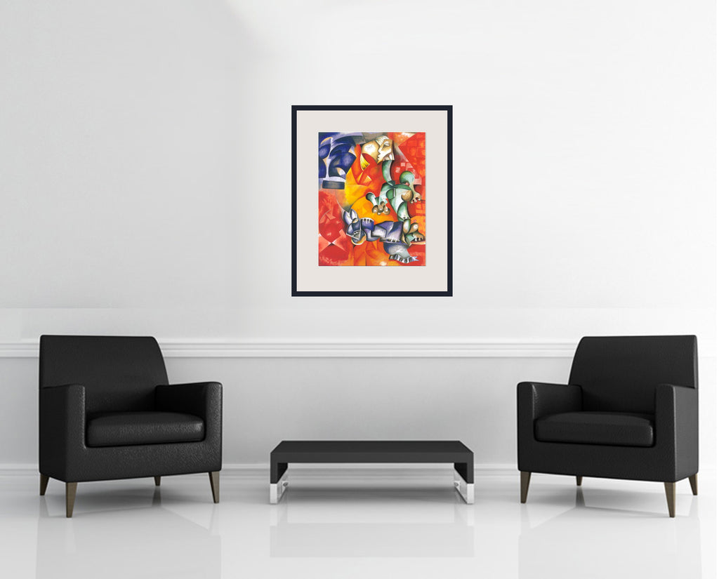 Room view — Water Allergic by Alexandra Nechita shown to scale on a gallery wall at 27.25 x 20.5 in. Not a reproduction of the work.