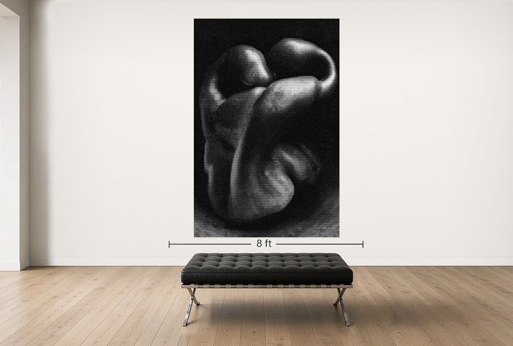 Room view — Weston Pepper  vs Weston Nude by Alex G Cao shown to scale on a gallery wall at 108 x 72 in. Not a reproduction of the work.