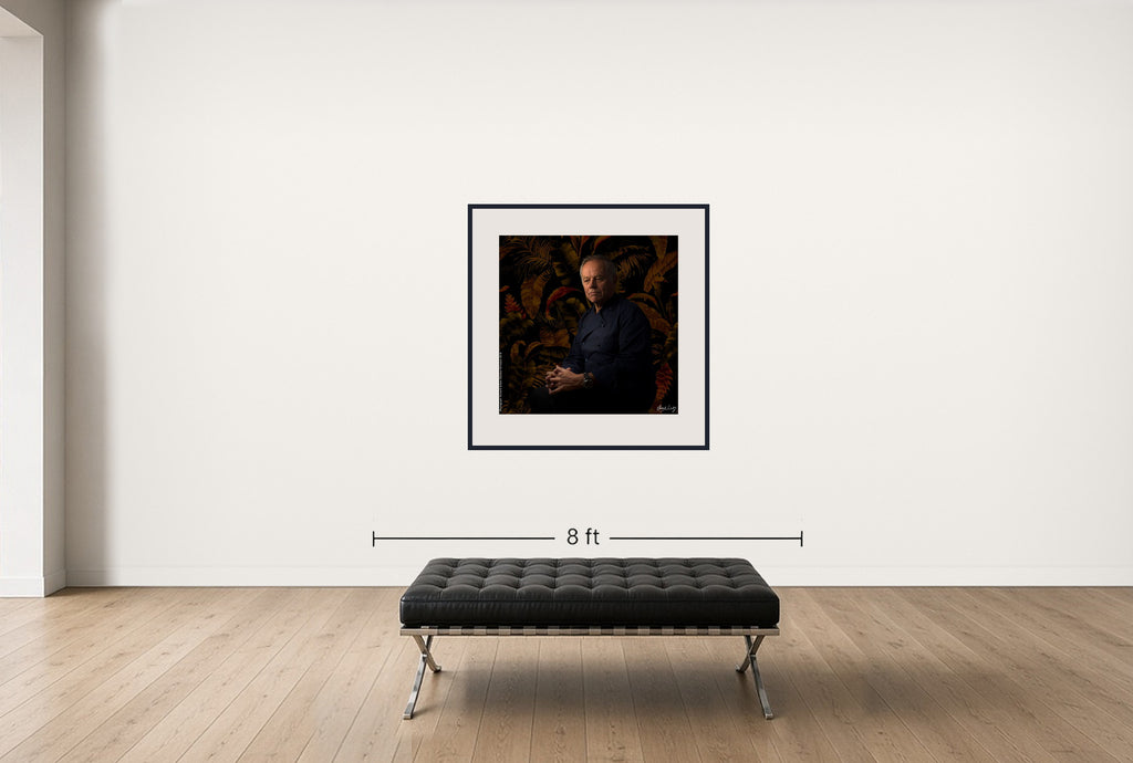 Room view — Wolfgang Puck by Howard Schatz shown to scale on a gallery wall at 40 x 40 in. Not a reproduction of the work.