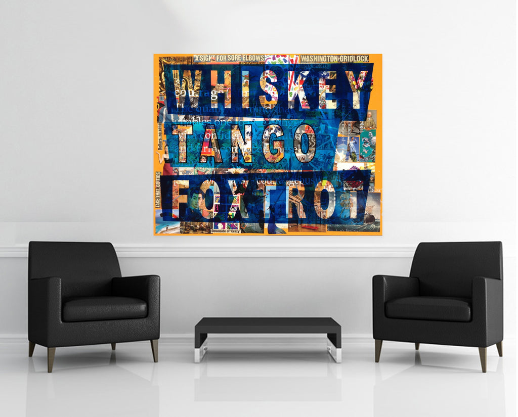 Room view — WTF, 2015 by Peter Tunney shown to scale on a gallery wall at 48 x 60 in. Not a reproduction of the work.