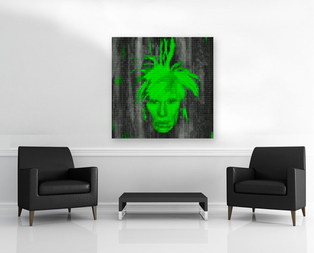 Room view — YOU & ME + WARHOL + YOU IN GREEN, 2014 by Alex G Cao shown to scale on a gallery wall at 44 x 44 in. Not a reproduction of the work.