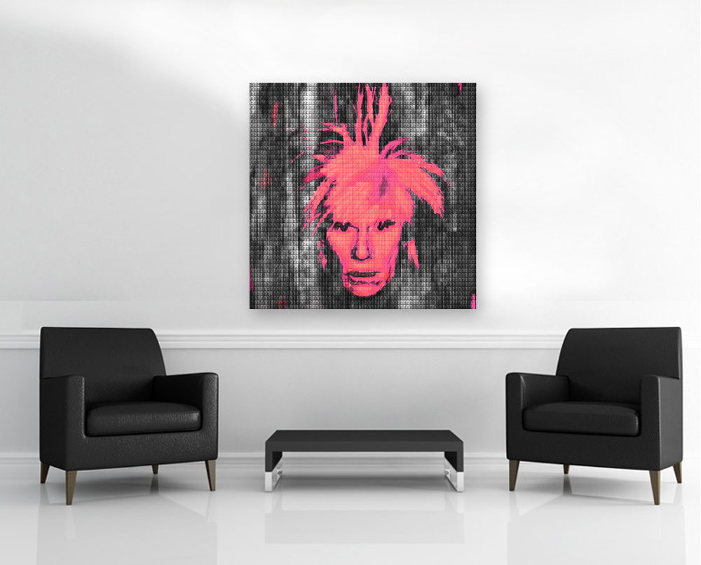 Room view — YOU & ME + WARHOL + YOU IN MAGENTA, 2014 by Alex G Cao shown to scale on a gallery wall at 44 x 44 in. Not a reproduction of the work.