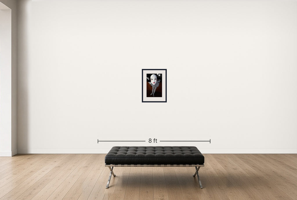 Room view — Zebra Portrait - O Number 65 by Howard Schatz shown to scale on a gallery wall at 20 x 16 in. Not a reproduction of the work.